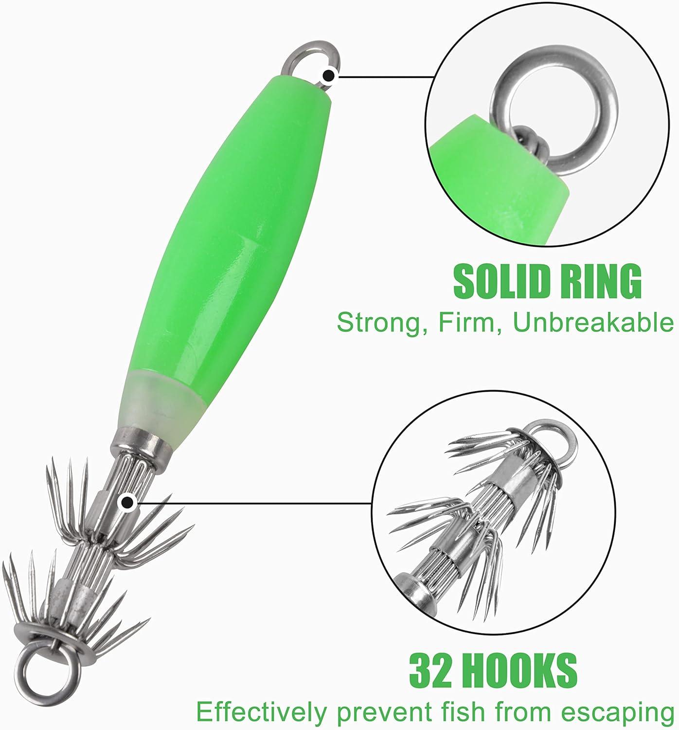 imageOROOTL Squid Jigs Saltwater Fishing Lures 510pcs Glow Squid Jig Hooks Luminous Cuttlefish Sleeve Octopus Jig Baits Night Fishing Octopus Lures Set with Tackle BoxGreen10pcs
