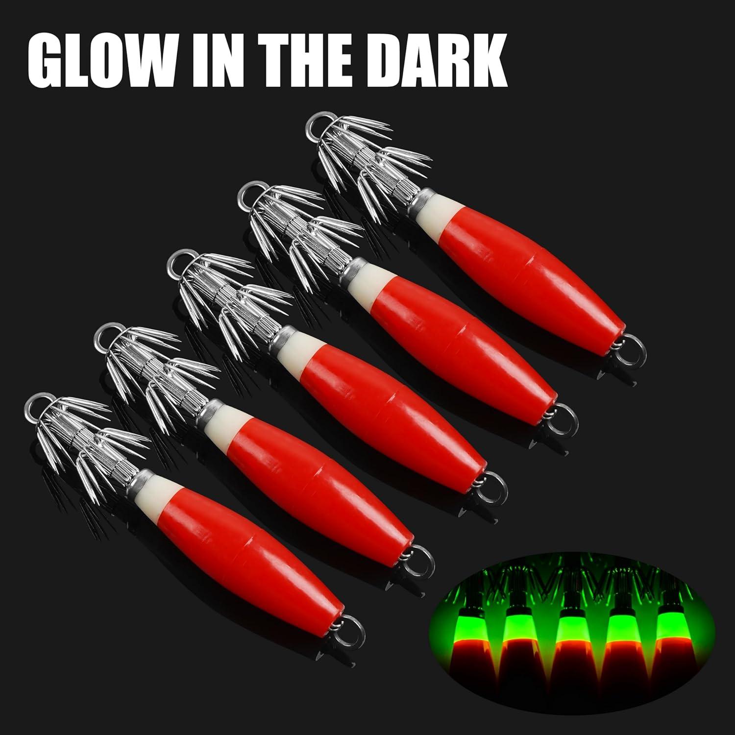 imageOROOTL Squid Jigs Saltwater Fishing Lures 510pcs Glow Squid Jig Hooks Luminous Cuttlefish Sleeve Octopus Jig Baits Night Fishing Octopus Lures Set with Tackle BoxRed5pcs