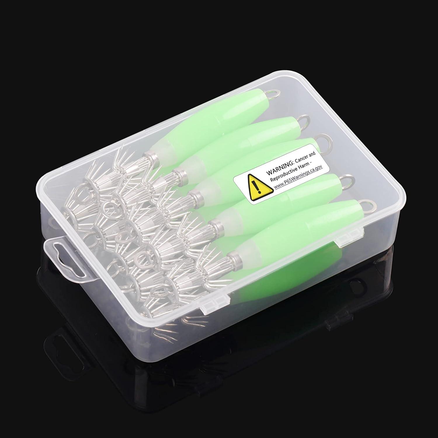 imageOROOTL Squid Jigs Saltwater Fishing Lures 510pcs Glow Squid Jig Hooks Luminous Cuttlefish Sleeve Octopus Jig Baits Night Fishing Octopus Lures Set with Tackle BoxGreen10pcs