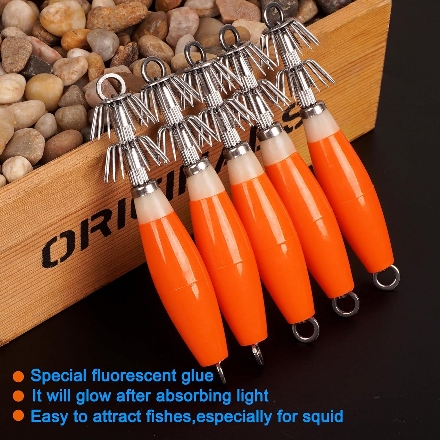 imageOROOTL Squid Jigs Saltwater Fishing Lures 510pcs Glow Squid Jig Hooks Luminous Cuttlefish Sleeve Octopus Jig Baits Night Fishing Octopus Lures Set with Tackle BoxOrange10pcs