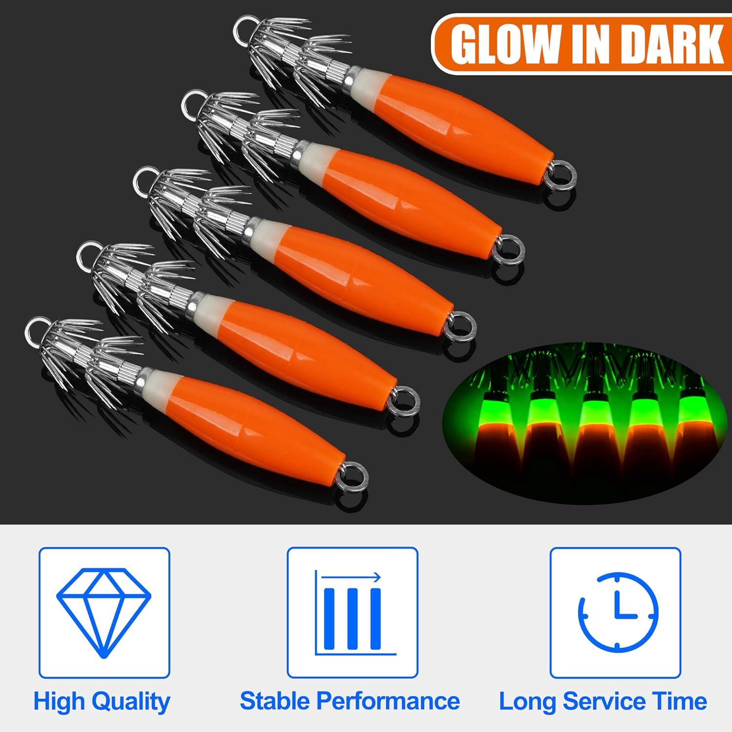 imageOROOTL Squid Jigs Saltwater Fishing Lures 510pcs Glow Squid Jig Hooks Luminous Cuttlefish Sleeve Octopus Jig Baits Night Fishing Octopus Lures Set with Tackle BoxOrange10pcs