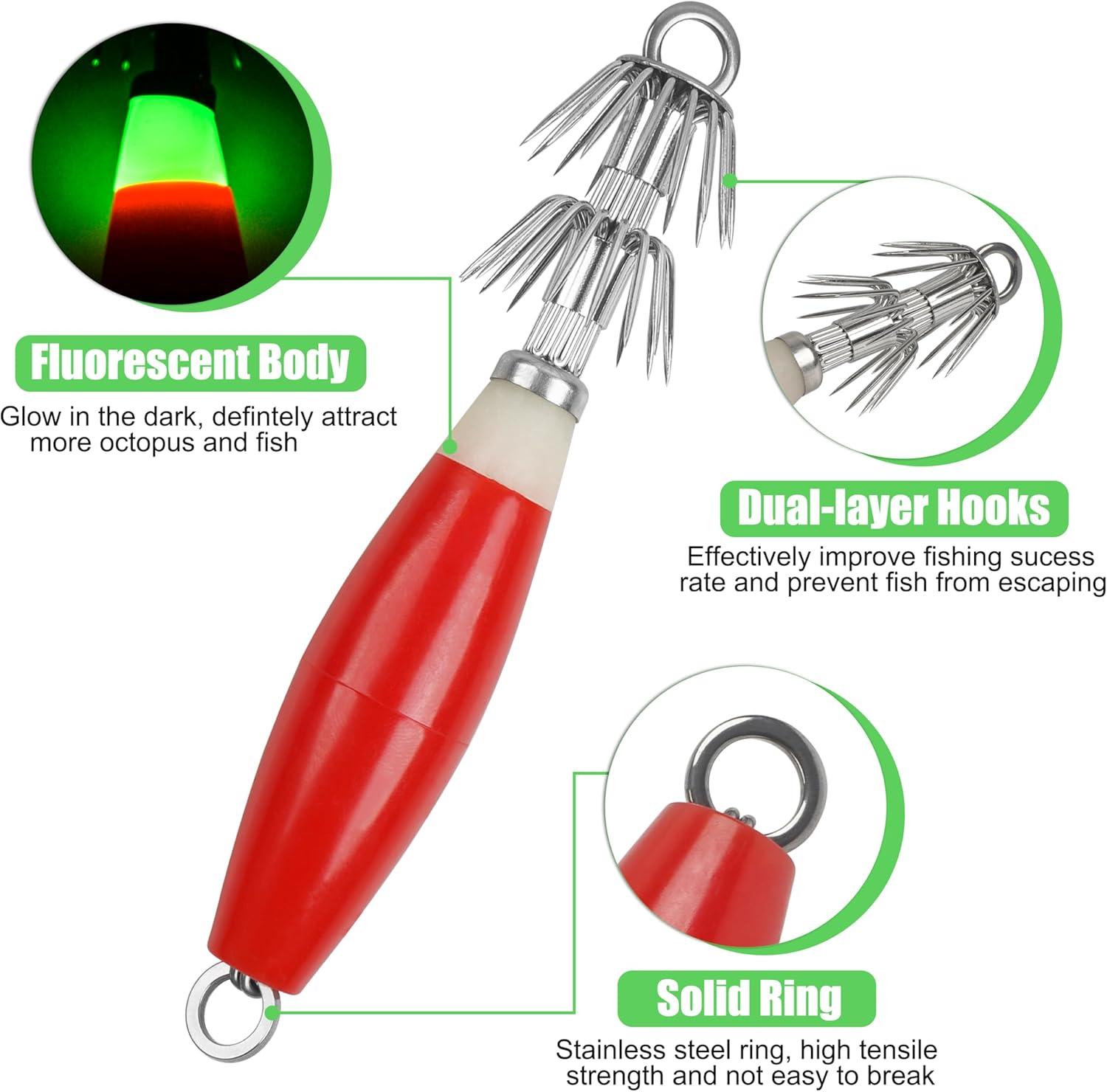 imageOROOTL Squid Jigs Saltwater Fishing Lures 510pcs Glow Squid Jig Hooks Luminous Cuttlefish Sleeve Octopus Jig Baits Night Fishing Octopus Lures Set with Tackle BoxRed5pcs