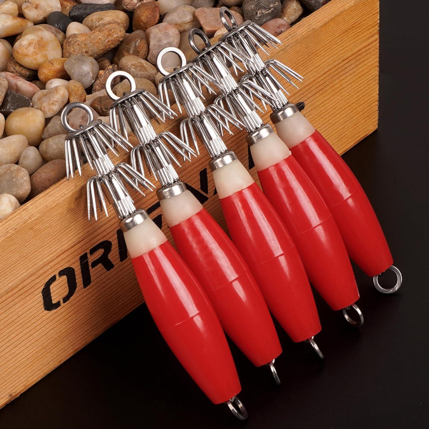 imageOROOTL Squid Jigs Saltwater Fishing Lures 510pcs Glow Squid Jig Hooks Luminous Cuttlefish Sleeve Octopus Jig Baits Night Fishing Octopus Lures Set with Tackle BoxRed5pcs