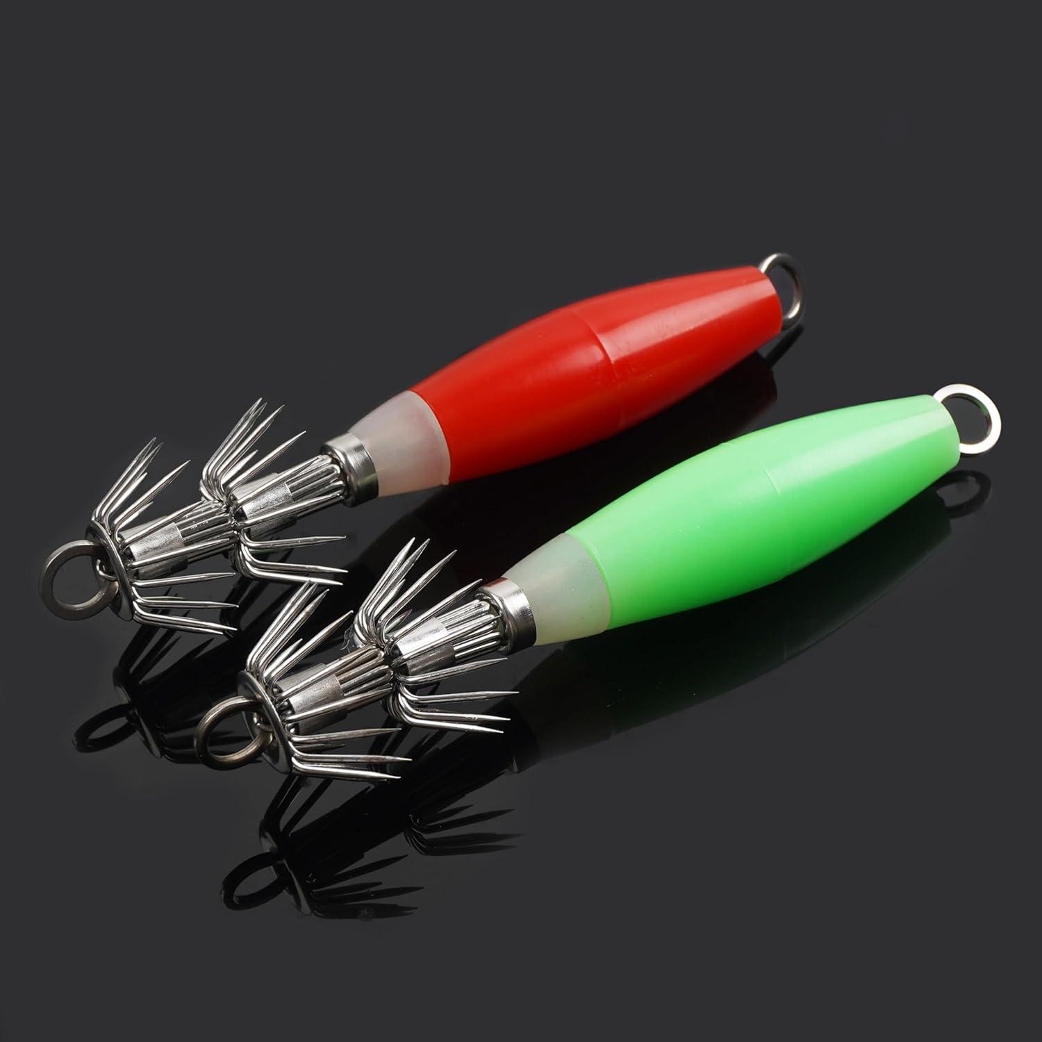 imageOROOTL Squid Jigs Saltwater Fishing Lures 510pcs Glow Squid Jig Hooks Luminous Cuttlefish Sleeve Octopus Jig Baits Night Fishing Octopus Lures Set with Tackle BoxRed5pcs