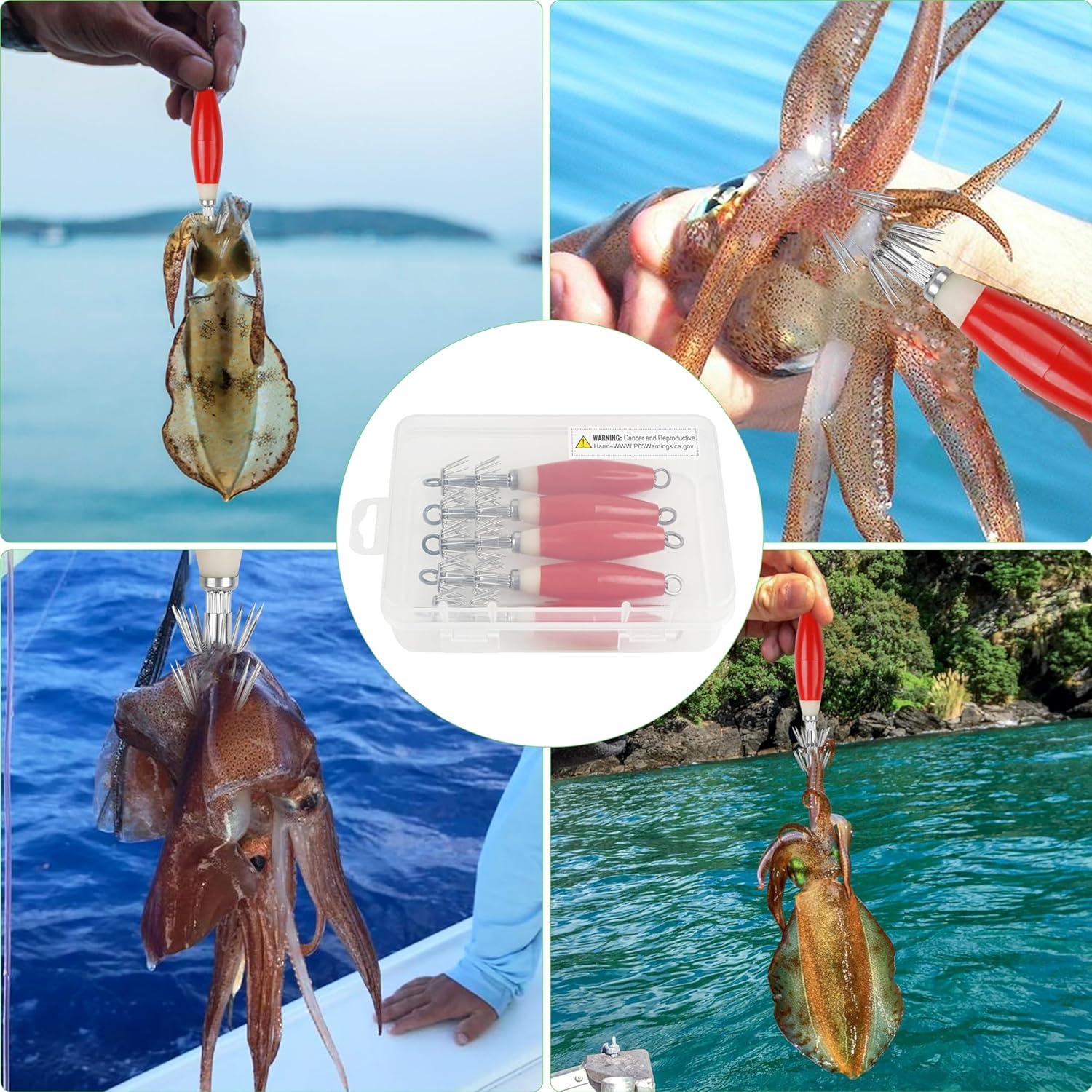 imageOROOTL Squid Jigs Saltwater Fishing Lures 510pcs Glow Squid Jig Hooks Luminous Cuttlefish Sleeve Octopus Jig Baits Night Fishing Octopus Lures Set with Tackle BoxRed5pcs
