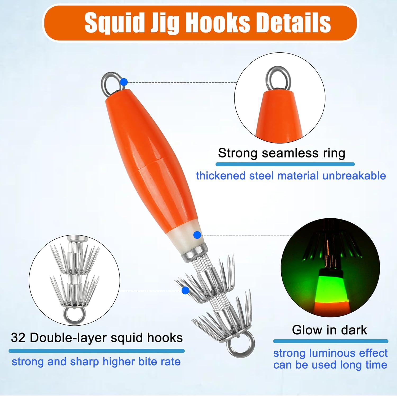 imageOROOTL Squid Jigs Saltwater Fishing Lures 510pcs Glow Squid Jig Hooks Luminous Cuttlefish Sleeve Octopus Jig Baits Night Fishing Octopus Lures Set with Tackle BoxOrange10pcs