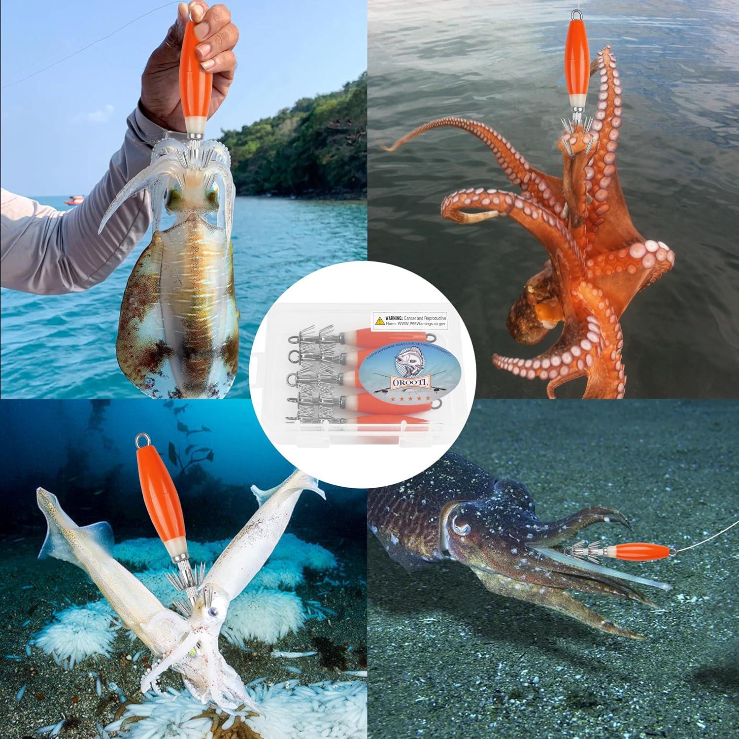 imageOROOTL Squid Jigs Saltwater Fishing Lures 510pcs Glow Squid Jig Hooks Luminous Cuttlefish Sleeve Octopus Jig Baits Night Fishing Octopus Lures Set with Tackle BoxOrange10pcs