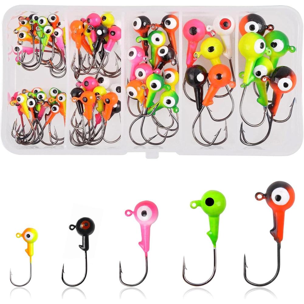 imageOROOTL Fishing Jig Heads Hooks Set 60pcs Assorted Round Jig Head with 3D Eyes Painted Jig Heads for Crappie Bass Walleye 38oz 14oz 18oz 116oz 132oz Saltwater Freshwater Fishing Tackle Kit