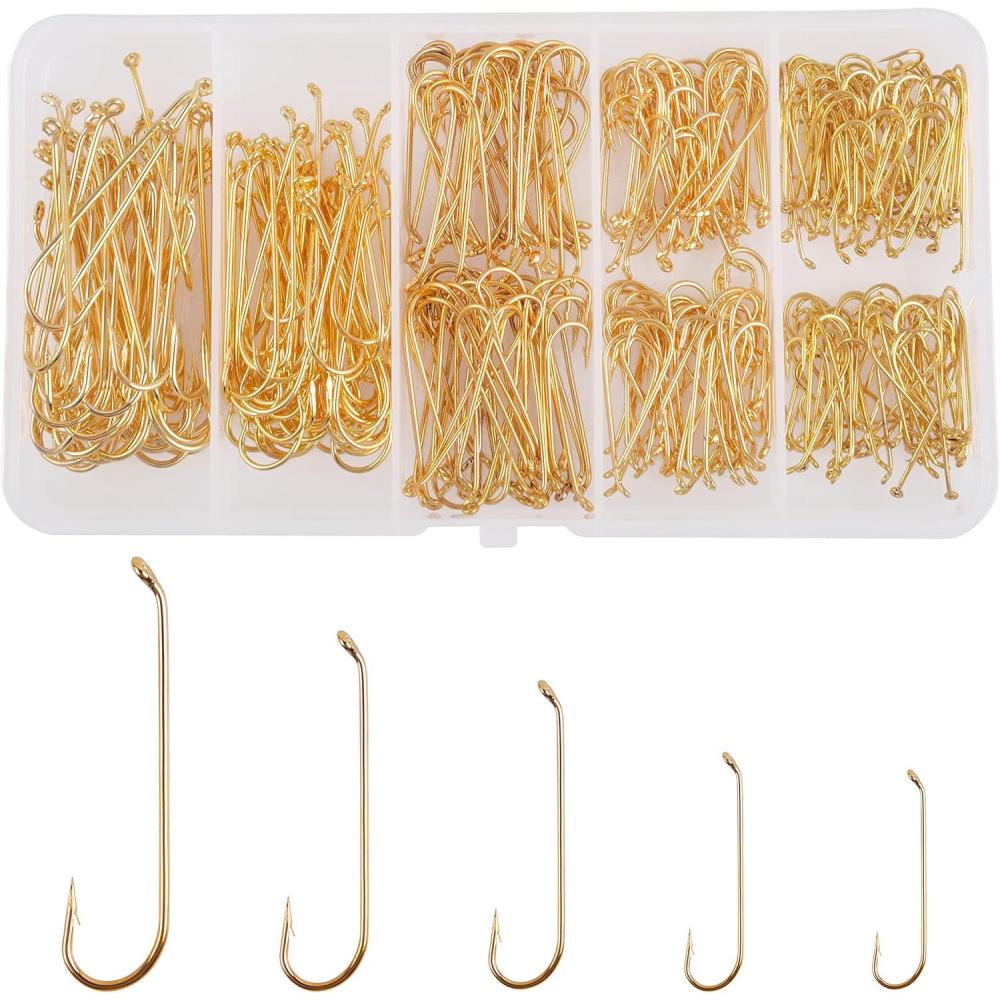imageOROOTL Fly Tying Hooks Jig Nymph Hooks 350pcs Long Shank Fly Fishing Hooks for Tying Flies High Carbon Steel Round Bend Aberdeen Hooks Streamer Hooks Assortment