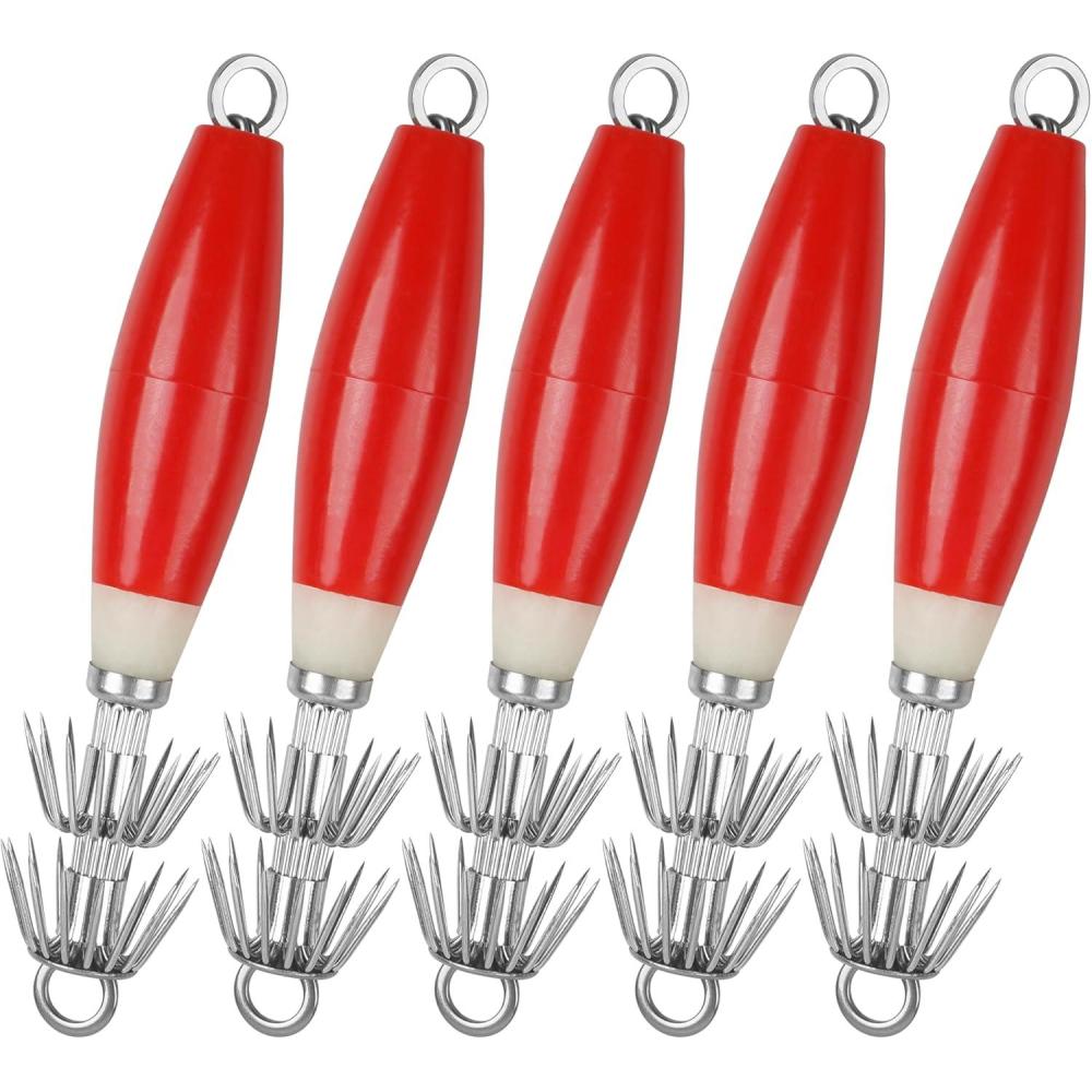 imageOROOTL Squid Jigs Saltwater Fishing Lures 510pcs Glow Squid Jig Hooks Luminous Cuttlefish Sleeve Octopus Jig Baits Night Fishing Octopus Lures Set with Tackle BoxRed5pcs