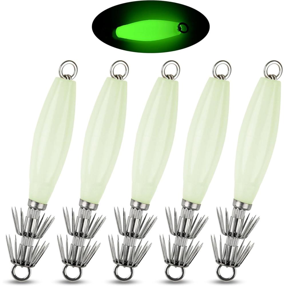 imageOROOTL Squid Jigs Saltwater Fishing Lures 510pcs Glow Squid Jig Hooks Luminous Cuttlefish Sleeve Octopus Jig Baits Night Fishing Octopus Lures Set with Tackle BoxWhite5pcs