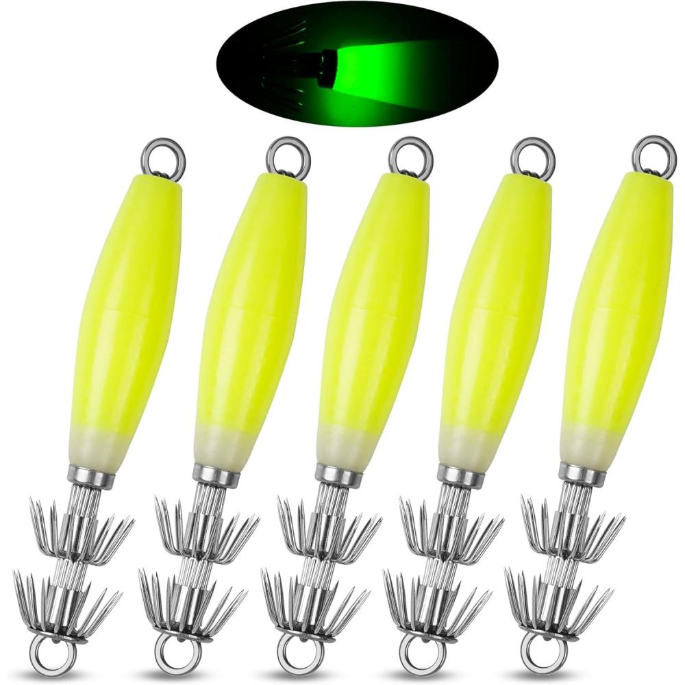 imageOROOTL Squid Jigs Saltwater Fishing Lures 510pcs Glow Squid Jig Hooks Luminous Cuttlefish Sleeve Octopus Jig Baits Night Fishing Octopus Lures Set with Tackle BoxYellow5pcs