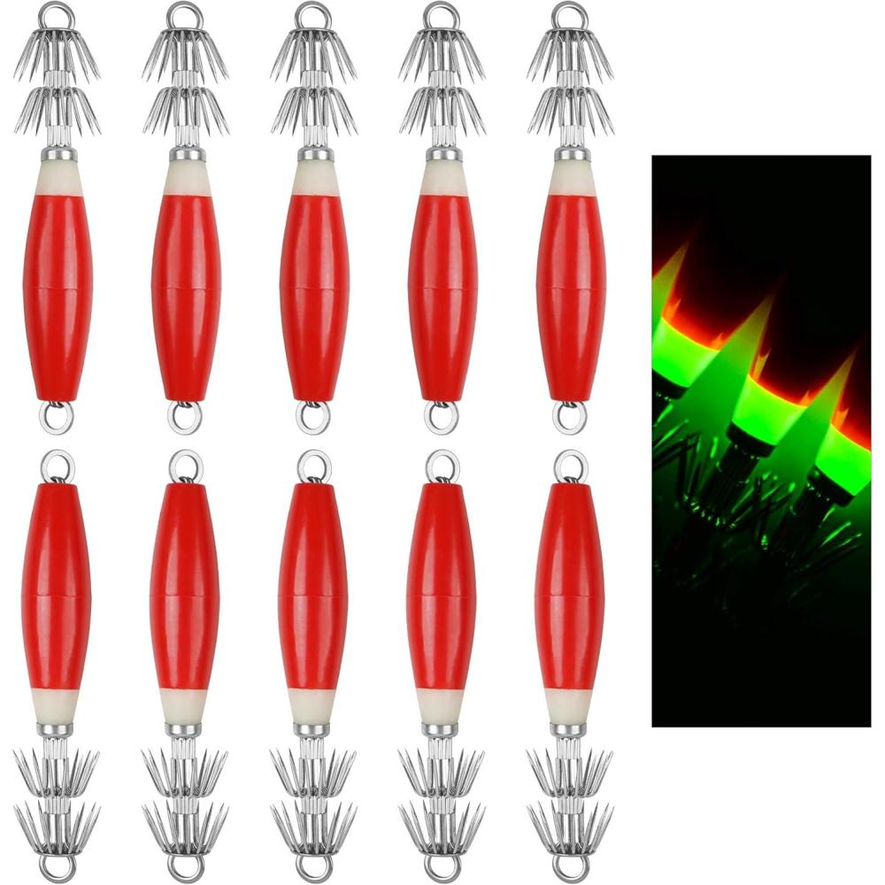 imageOROOTL Squid Jigs Saltwater Fishing Lures 510pcs Glow Squid Jig Hooks Luminous Cuttlefish Sleeve Octopus Jig Baits Night Fishing Octopus Lures Set with Tackle BoxRed10pcs