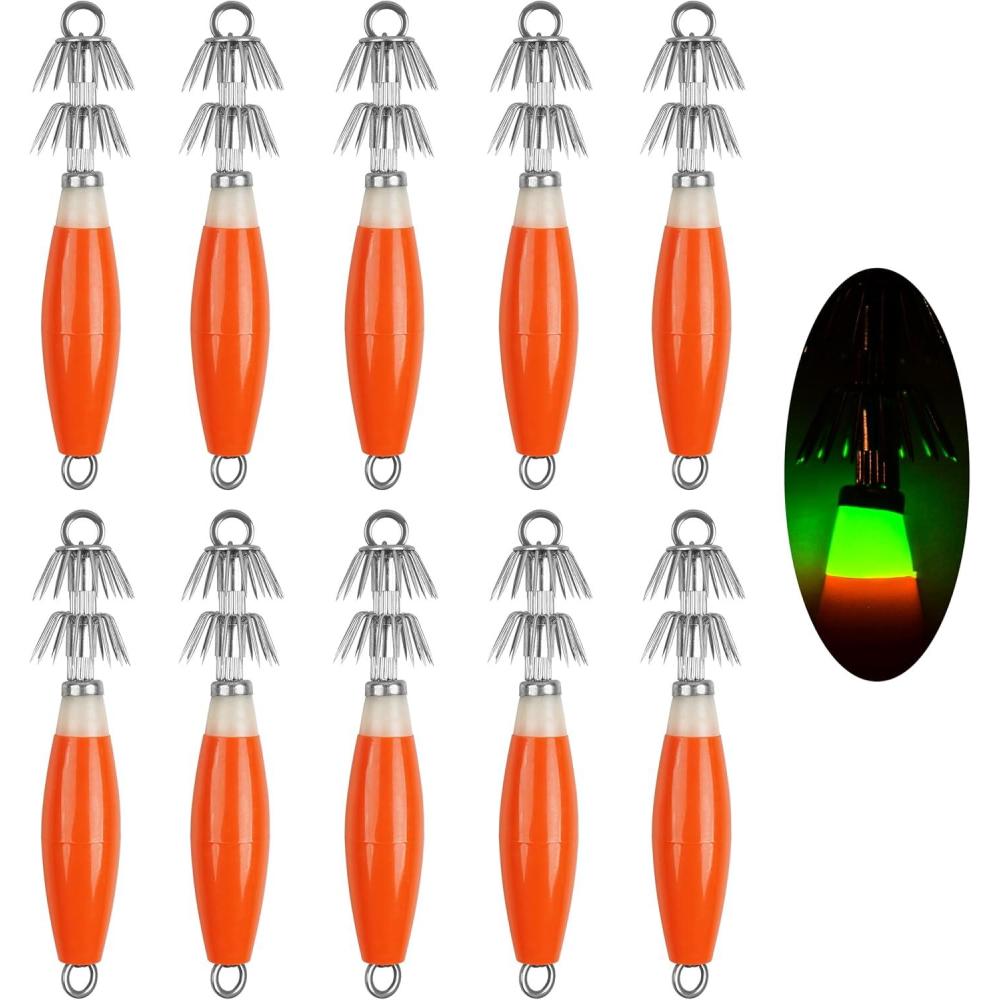 imageOROOTL Squid Jigs Saltwater Fishing Lures 510pcs Glow Squid Jig Hooks Luminous Cuttlefish Sleeve Octopus Jig Baits Night Fishing Octopus Lures Set with Tackle BoxOrange10pcs