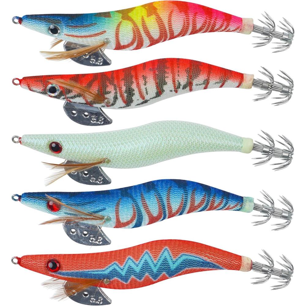 imageOROOTL Squid Jigs Saltwater Fishing Lures 5pcs Luminous Squid Jig Hook Shrimp Lures Glow in Dark Cuttlefish Octopus Fishing Lures Kit305pcs