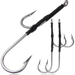 Double Hook Rigs for Trolling Chunking, 3pcs Double Trolling Hooks Saltwater Big Game Stainless Steel Fishing Hooks for Marlin Shark Tuna Wahoo Dorado Fishing(7/0-3pcs)