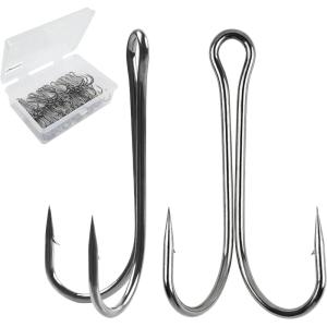 OROOTL Double Fishing Hooks, 50pcs Classic Frog Hooks High Carbon Steel Double Hook Fishing Barbed Open Shank for Saltwater Freshwater(1#-50pcs)