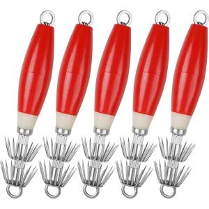 OROOTL Squid Jigs Saltwater Fishing Lures, 5/10pcs Glow Squid Jig Hooks Luminous Cuttlefish Sleeve Octopus Jig Baits Night Fishing Octopus Lures Set with Tackle Box(Red-5pcs)
