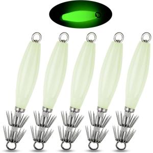 OROOTL Squid Jigs Saltwater Fishing Lures, 5/10pcs Glow Squid Jig Hooks Luminous Cuttlefish Sleeve Octopus Jig Baits Night Fishing Octopus Lures Set with Tackle Box(White-5pcs)