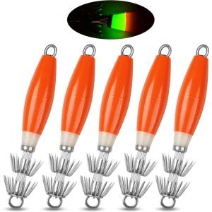 OROOTL Squid Jigs Saltwater Fishing Lures, 5/10pcs Glow Squid Jig Hooks Luminous Cuttlefish Sleeve Octopus Jig Baits Night Fishing Octopus Lures Set with Tackle Box(Orange-5pcs)