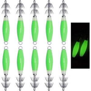 OROOTL Squid Jigs Saltwater Fishing Lures, 5/10pcs Glow Squid Jig Hooks Luminous Cuttlefish Sleeve Octopus Jig Baits Night Fishing Octopus Lures Set with Tackle Box(Green-10pcs)