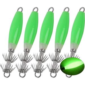 OROOTL Squid Jigs Saltwater Fishing Lures, 5/10pcs Glow Squid Jig Hooks Luminous Cuttlefish Sleeve Octopus Jig Baits Night Fishing Octopus Lures Set with Tackle Box(Green-5pcs)