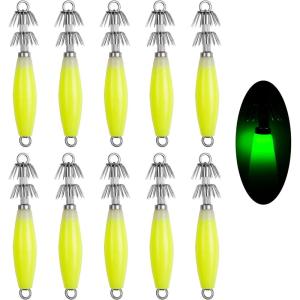 OROOTL Squid Jigs Saltwater Fishing Lures, 5/10pcs Glow Squid Jig Hooks Luminous Cuttlefish Sleeve Octopus Jig Baits Night Fishing Octopus Lures Set with Tackle Box(Yellow-10pcs)