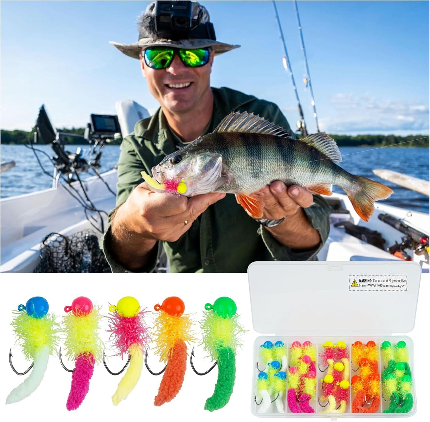 imageCrappie Jigs Fishing Lures Kit 25pcs Marabou Jig Heads with Maggot Tail Marabou Feather Jigs for Bass Crappie Trout Panfish Sunfish Fishing 18oz