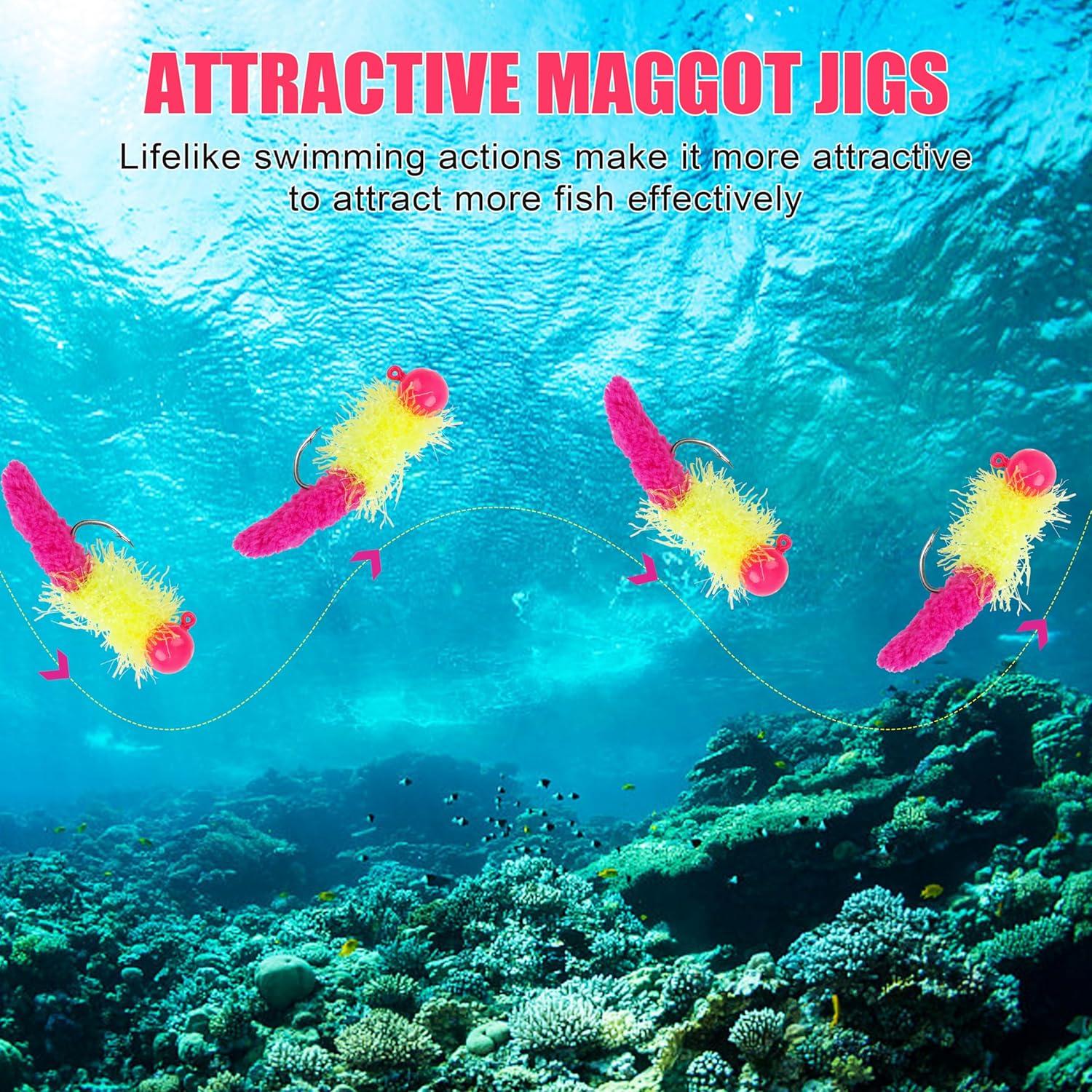 imageCrappie Jigs Fishing Lures Kit 25pcs Marabou Jig Heads with Maggot Tail Marabou Feather Jigs for Bass Crappie Trout Panfish Sunfish Fishing 18oz