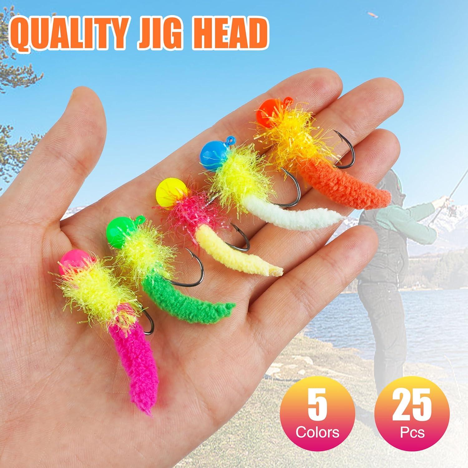 imageCrappie Jigs Fishing Lures Kit 25pcs Marabou Jig Heads with Maggot Tail Marabou Feather Jigs for Bass Crappie Trout Panfish Sunfish Fishing 18oz