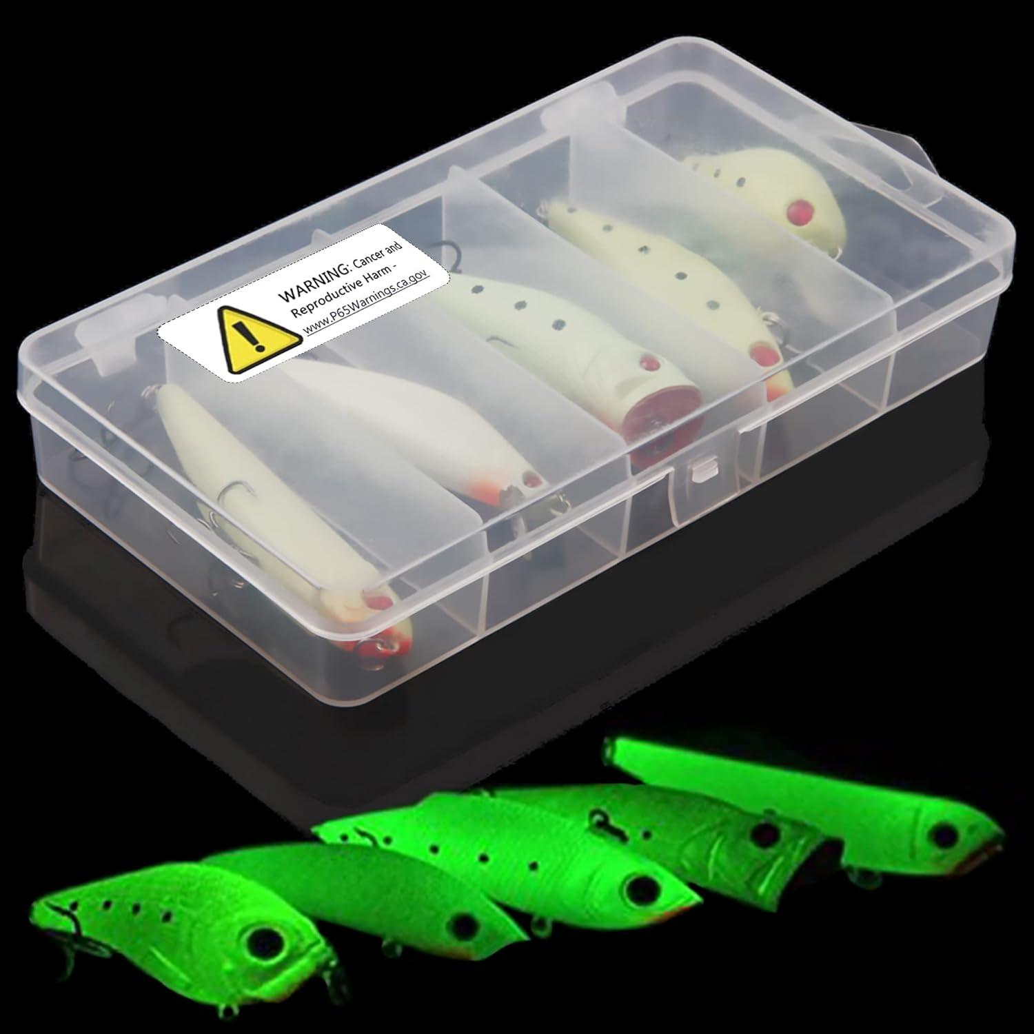 imageGlow Fishing Lures Kit Luminous VIB Popper Crank Minnow Pencil for Night Fishing Glow in The Dark Artificial Hard Baits with Treble Hook for Bass Trout Catfish Saltwater Freshwater