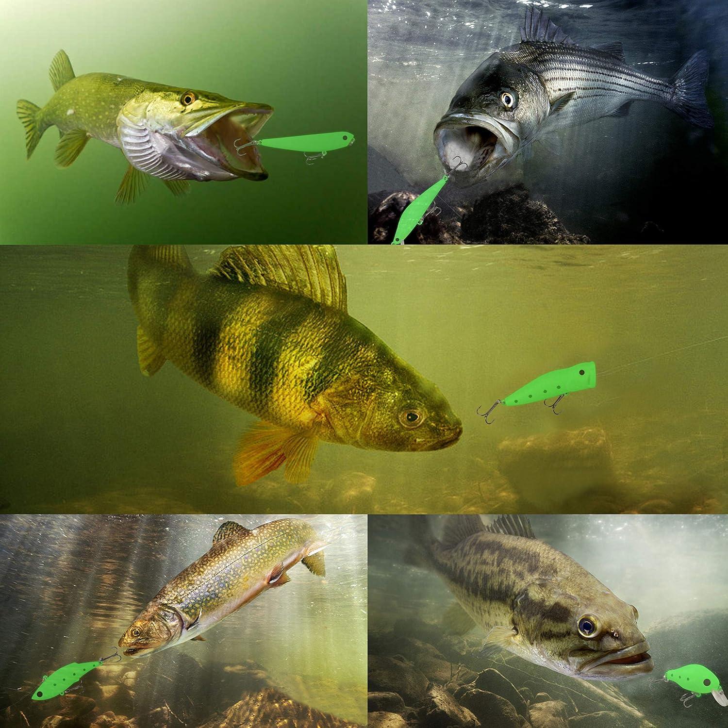 imageGlow Fishing Lures Kit Luminous VIB Popper Crank Minnow Pencil for Night Fishing Glow in The Dark Artificial Hard Baits with Treble Hook for Bass Trout Catfish Saltwater Freshwater
