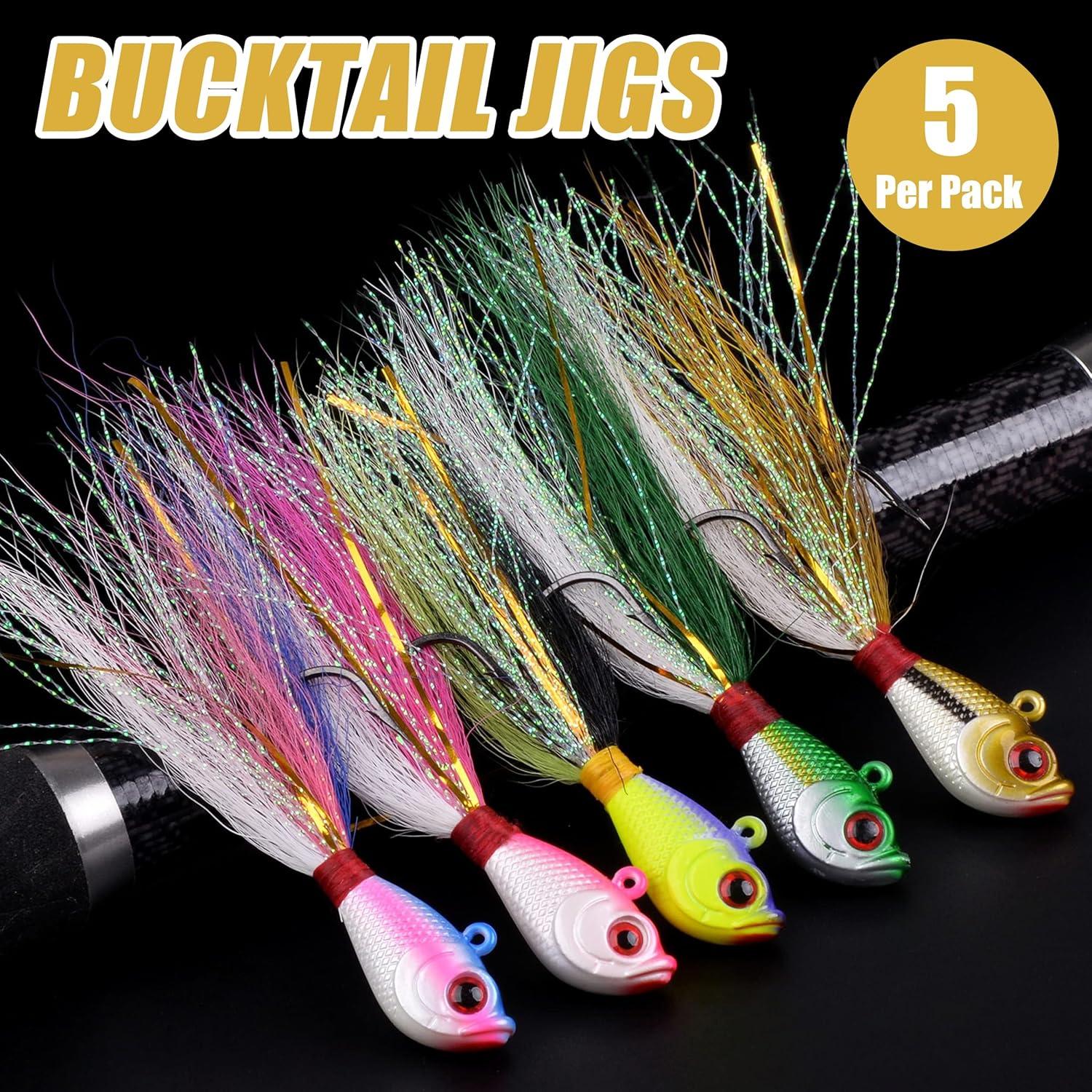 imageOROOTL Bucktail Jigs Saltwater Hair Jigs 5 Pack Bucktail Lures Surf Fishing Jig Heads for Bass Flounder Striper Bluefish Halibut Redfish Saltwater Freshwater 14oz2ozPurpleRed