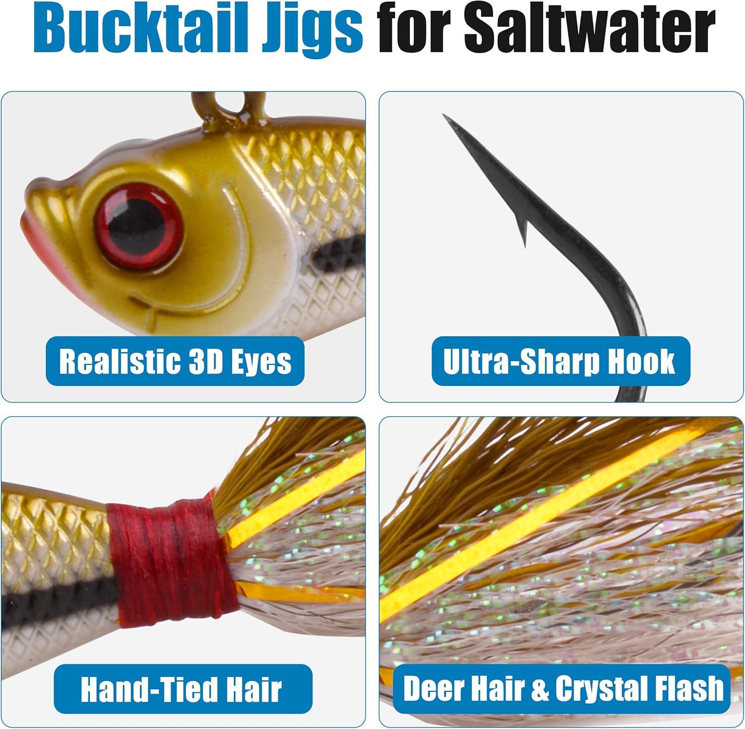 imageOROOTL Bucktail Jigs Saltwater Hair Jigs 5 Pack Bucktail Lures Surf Fishing Jig Heads for Bass Flounder Striper Bluefish Halibut Redfish Saltwater Freshwater 14oz2ozBrownWhite