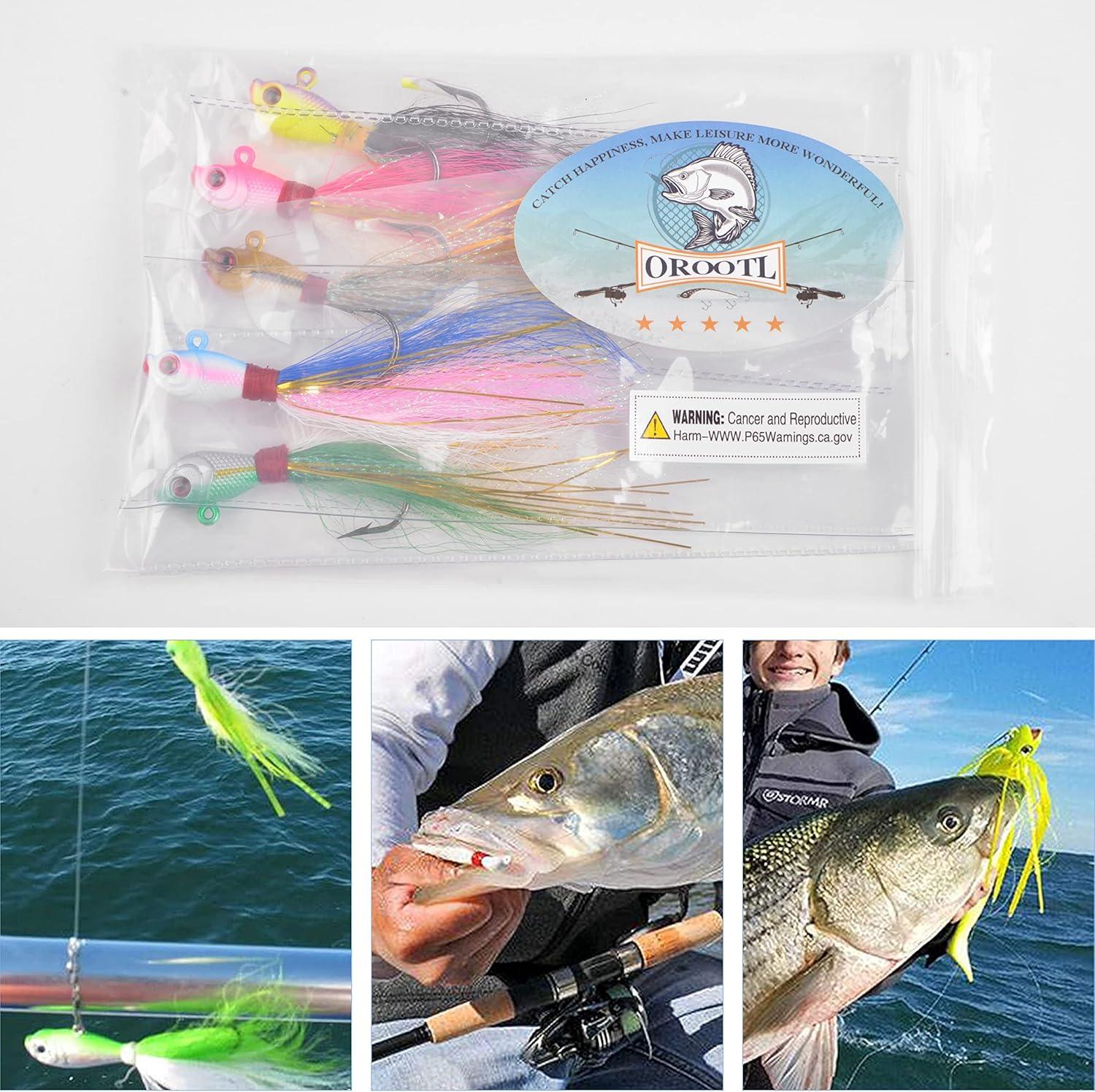 imageOROOTL Bucktail Jigs Saltwater Hair Jigs 5 Pack Bucktail Lures Surf Fishing Jig Heads for Bass Flounder Striper Bluefish Halibut Redfish Saltwater Freshwater 14oz2ozBrownWhite