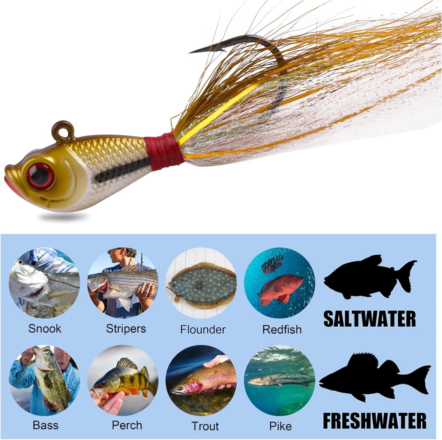 imageOROOTL Bucktail Jigs Saltwater Hair Jigs 5 Pack Bucktail Lures Surf Fishing Jig Heads for Bass Flounder Striper Bluefish Halibut Redfish Saltwater Freshwater 14oz2ozBrownWhite