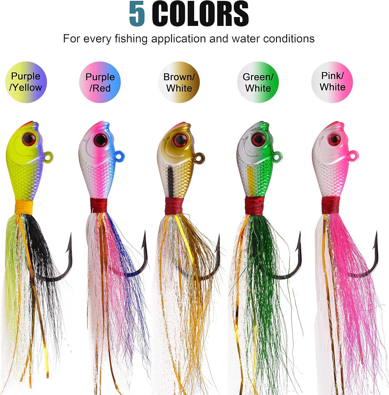 imageOROOTL Bucktail Jigs Saltwater Hair Jigs 5 Pack Bucktail Lures Surf Fishing Jig Heads for Bass Flounder Striper Bluefish Halibut Redfish Saltwater Freshwater 14oz2ozPinkWhite