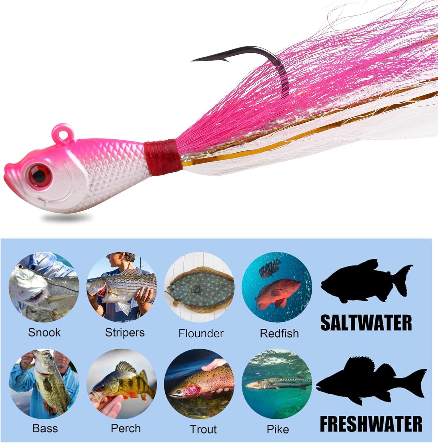 imageOROOTL Bucktail Jigs Saltwater Hair Jigs 5 Pack Bucktail Lures Surf Fishing Jig Heads for Bass Flounder Striper Bluefish Halibut Redfish Saltwater Freshwater 14oz2ozPinkWhite
