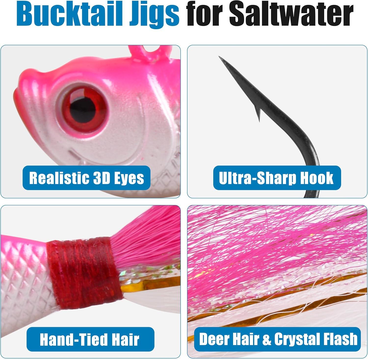 imageOROOTL Bucktail Jigs Saltwater Hair Jigs 5 Pack Bucktail Lures Surf Fishing Jig Heads for Bass Flounder Striper Bluefish Halibut Redfish Saltwater Freshwater 14oz2ozPinkWhite