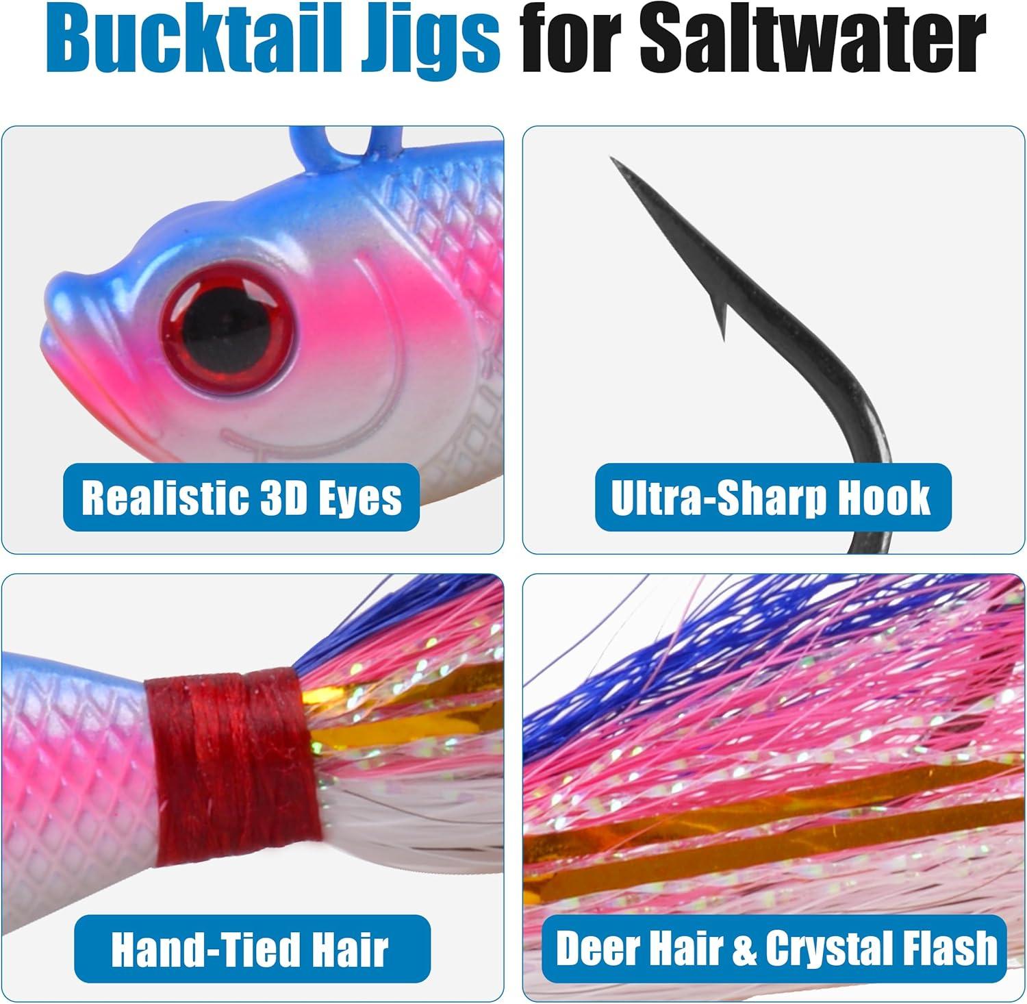 imageOROOTL Bucktail Jigs Saltwater Hair Jigs 5 Pack Bucktail Lures Surf Fishing Jig Heads for Bass Flounder Striper Bluefish Halibut Redfish Saltwater Freshwater 14oz2ozPurpleRed