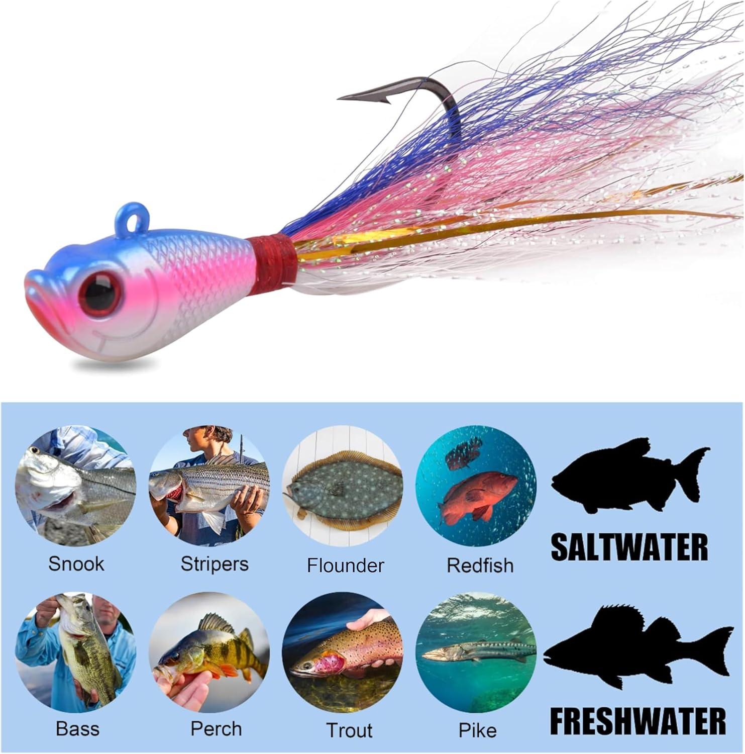 imageOROOTL Bucktail Jigs Saltwater Hair Jigs 5 Pack Bucktail Lures Surf Fishing Jig Heads for Bass Flounder Striper Bluefish Halibut Redfish Saltwater Freshwater 14oz2ozPurpleRed