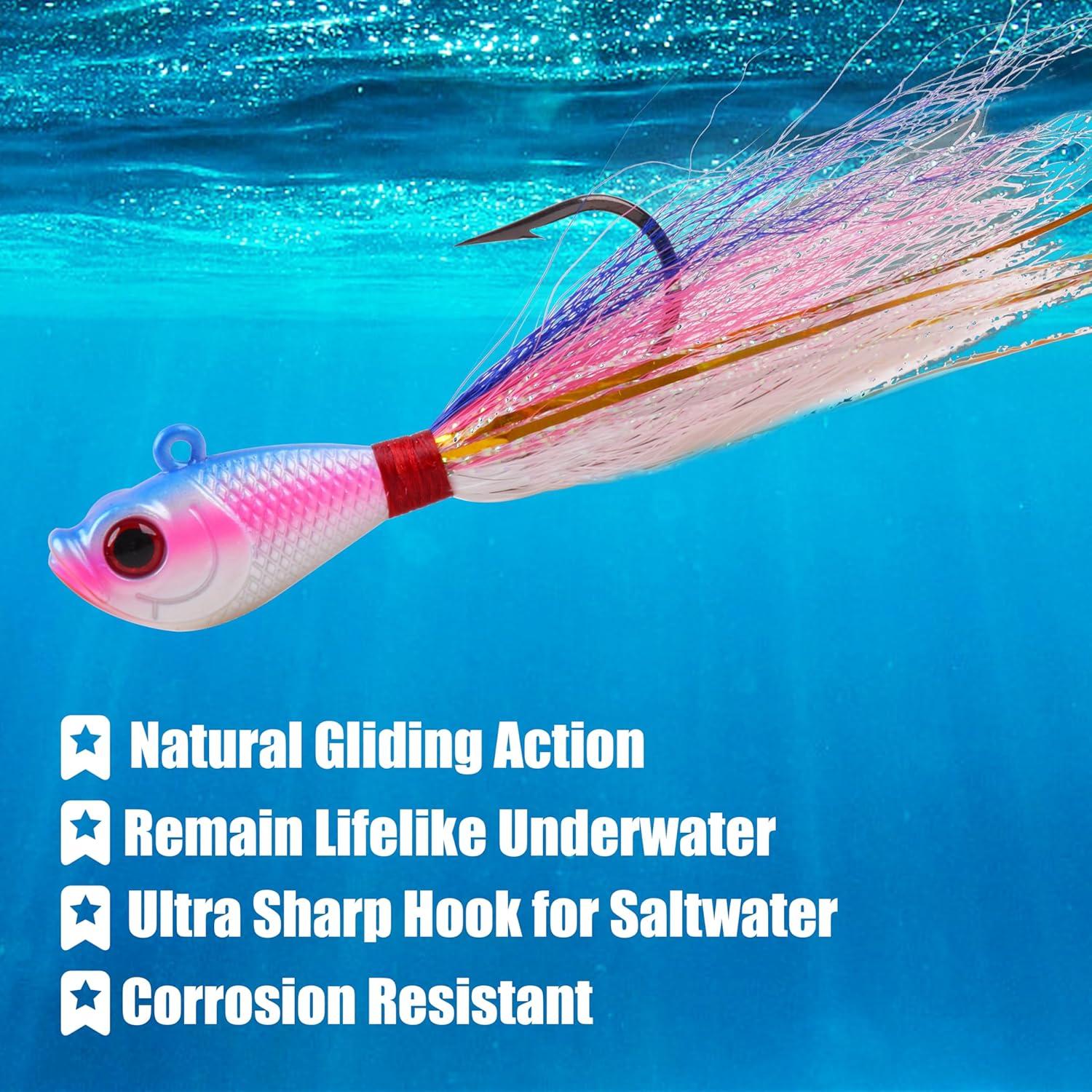 imageOROOTL Bucktail Jigs Saltwater Hair Jigs 5 Pack Bucktail Lures Surf Fishing Jig Heads for Bass Flounder Striper Bluefish Halibut Redfish Saltwater Freshwater 14oz2ozPurpleRed