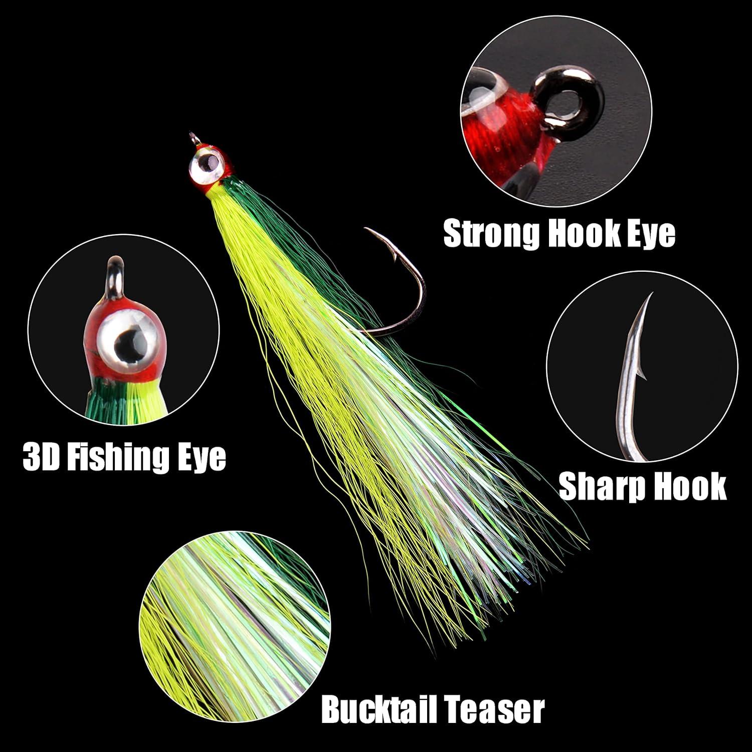 imageOROOTL Fishing Bucktail Teaser Hooks 10pcs Saltwater Fishing Jigs Teaser Lures High Carbon Steel Hooks with Crystal Flash Feather Skirt for Flounder Salmon Trout Sea Bass SteelheadMix ColorsWith Eyes