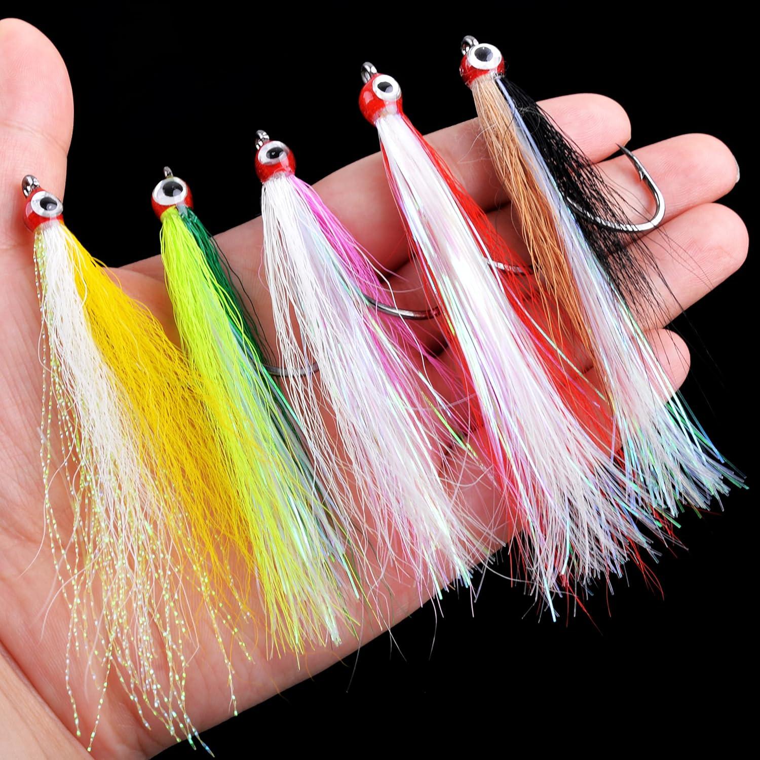 imageOROOTL Fishing Bucktail Teaser Hooks 10pcs Saltwater Fishing Jigs Teaser Lures High Carbon Steel Hooks with Crystal Flash Feather Skirt for Flounder Salmon Trout Sea Bass SteelheadMix ColorsWith Eyes