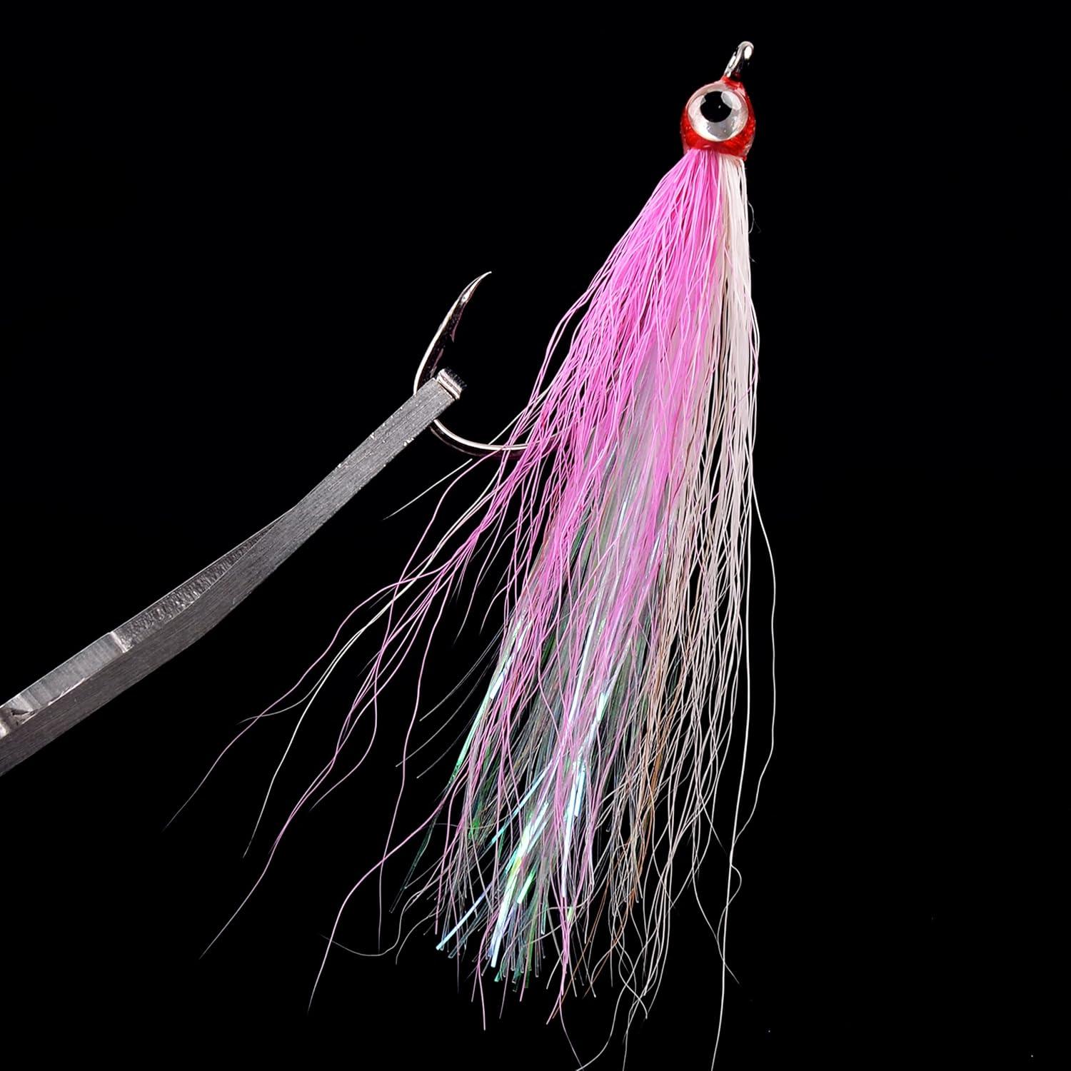 imageOROOTL Fishing Bucktail Teaser Hooks 10pcs Saltwater Fishing Jigs Teaser Lures High Carbon Steel Hooks with Crystal Flash Feather Skirt for Flounder Salmon Trout Sea Bass SteelheadMix ColorsWith Eyes