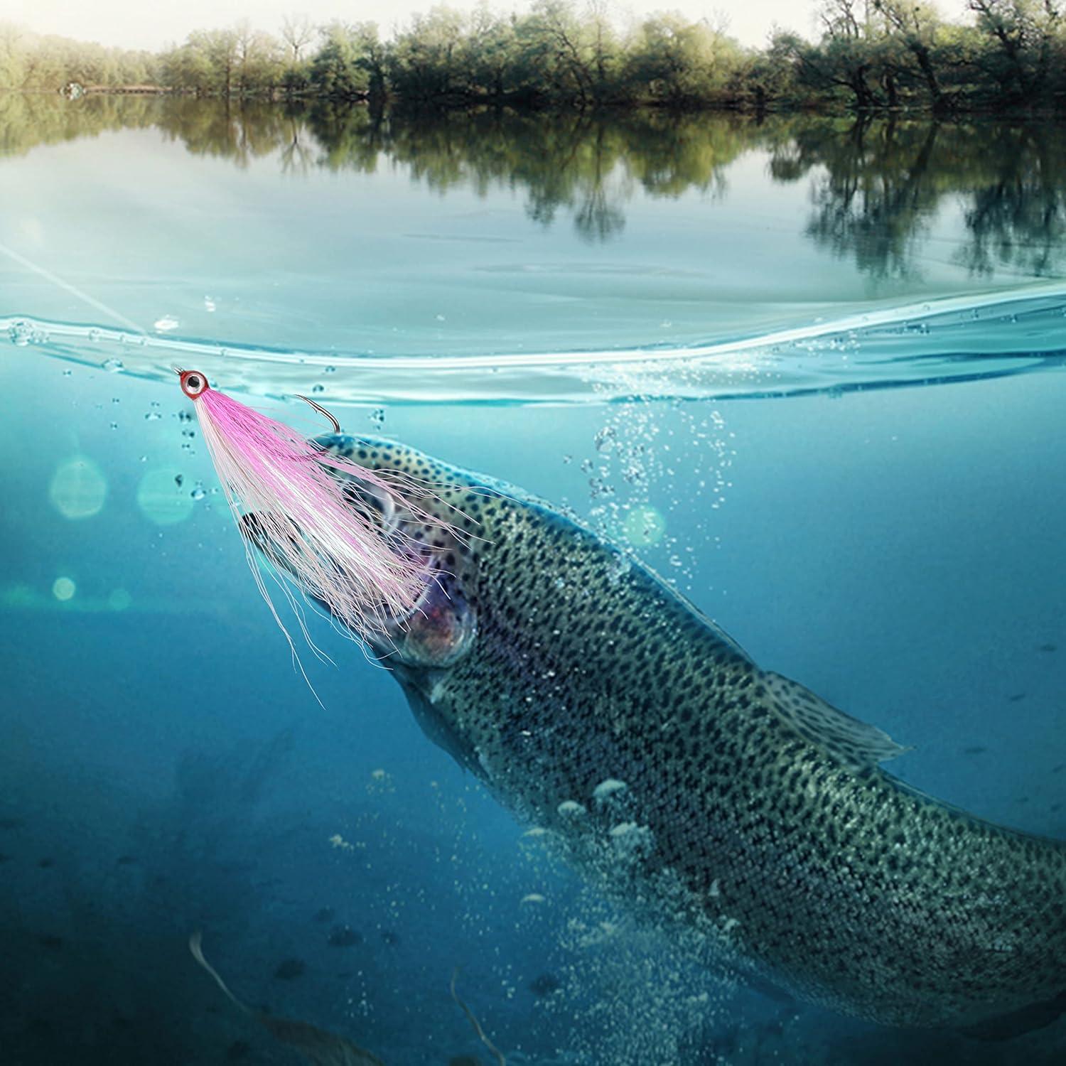 imageOROOTL Fishing Bucktail Teaser Hooks 10pcs Saltwater Fishing Jigs Teaser Lures High Carbon Steel Hooks with Crystal Flash Feather Skirt for Flounder Salmon Trout Sea Bass SteelheadMix ColorsWith Eyes