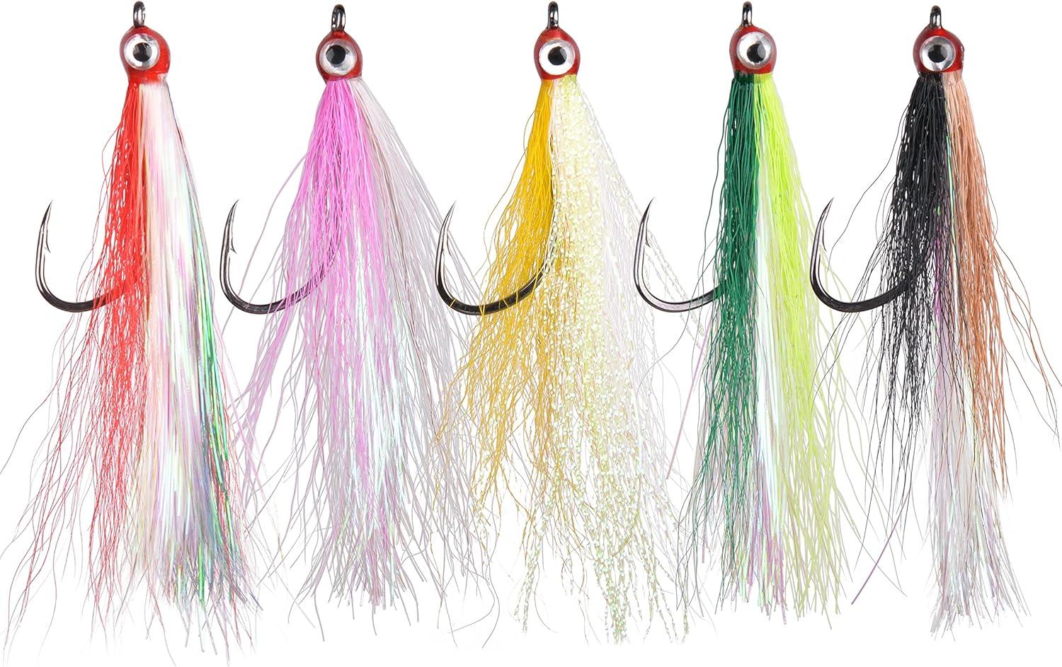 imageOROOTL Fishing Bucktail Teaser Hooks 10pcs Saltwater Fishing Jigs Teaser Lures High Carbon Steel Hooks with Crystal Flash Feather Skirt for Flounder Salmon Trout Sea Bass SteelheadMix ColorsWith Eyes