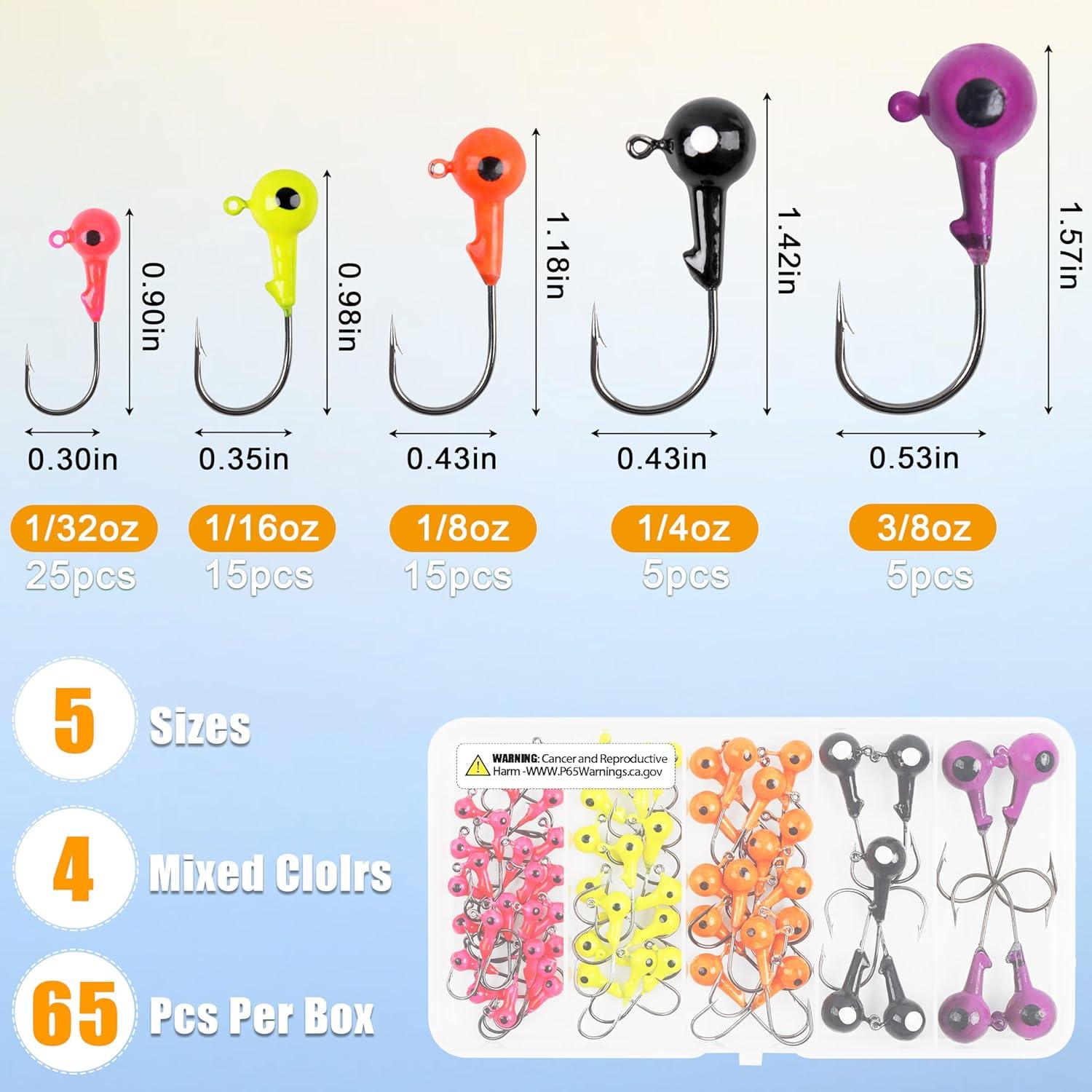 imageOROOTL Fishing Jig Heads Kit 65pcs Round Jig Heads Hooks Set Assorted Painted Fishing Jigs Head for Walleye Crappie Bass Saltwater Freshwater Fishing1color 65pcs