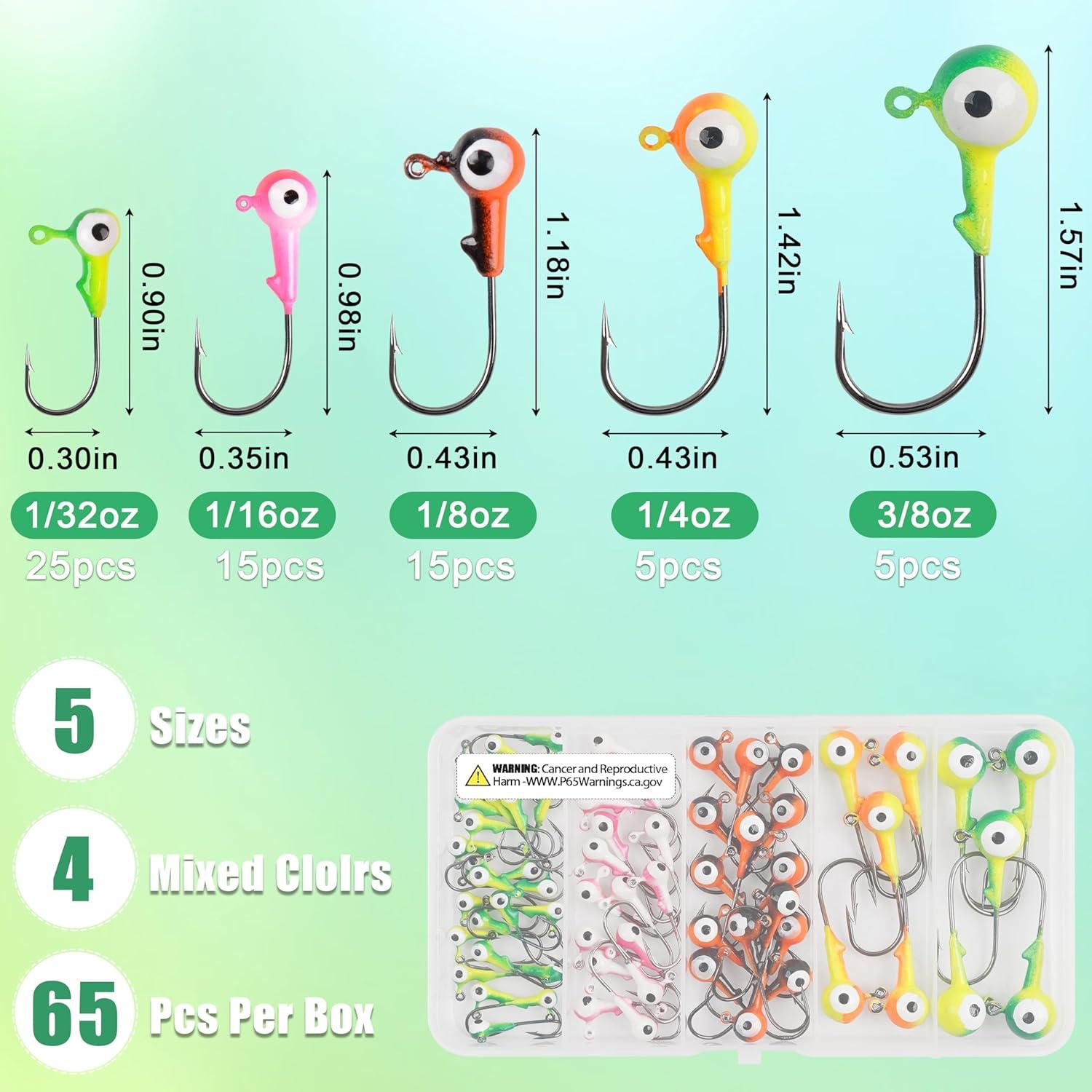 imageOROOTL Fishing Jig Heads Kit 65pcs Round Jig Heads Hooks Set Assorted Painted Fishing Jigs Head for Walleye Crappie Bass Saltwater Freshwater Fishing2colors 65pcs