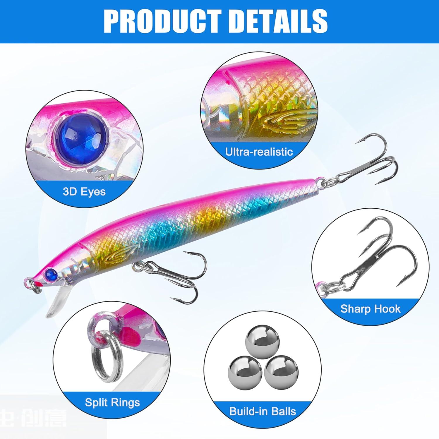 imageOROOTL Minnow Fishing Lures Jerkbaits Bass Lures Kit Lifelike Minnows Hard Floating Jerk Baits for Bass Trout Walleye Redfish Saltwater Freshwater FishingB39in027oz8pcs